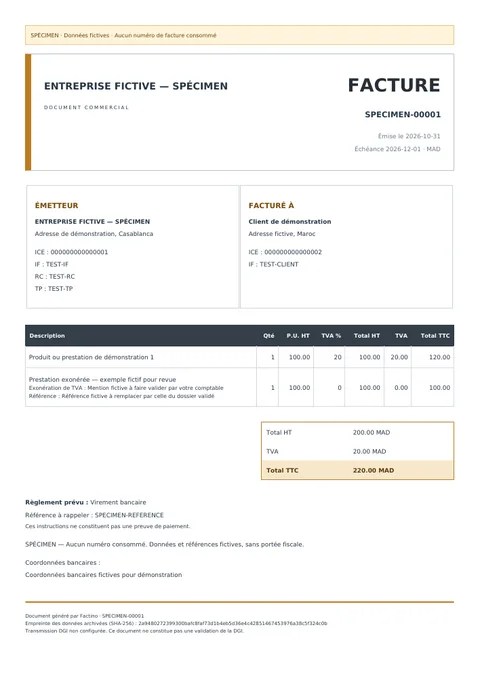 Exemple fictif de facture PDF, style Atelier