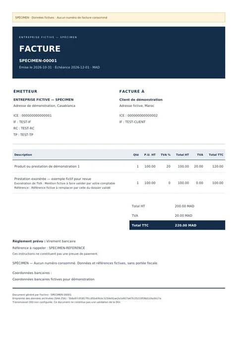 Exemple fictif de facture PDF, style Cabinet